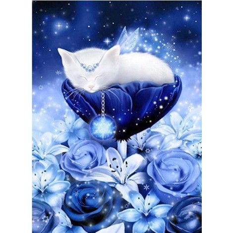 Cute Cat on a Blue Flower 5D DIY Paint By Diamond Kit