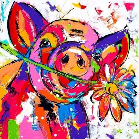 Colorful Smiling Pig With Flower 5D DIY Paint By Diamond Kit