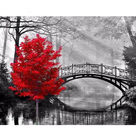 Red Tree and Bridge 5D DIY Paint By Diamond Kit